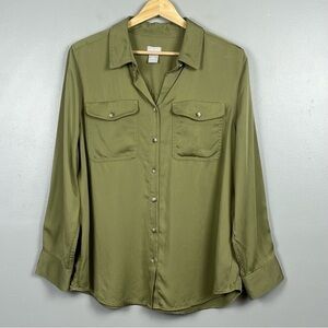 Chico’s olive 100% Modal button front double chest pocket shirt, 12/14 petite.